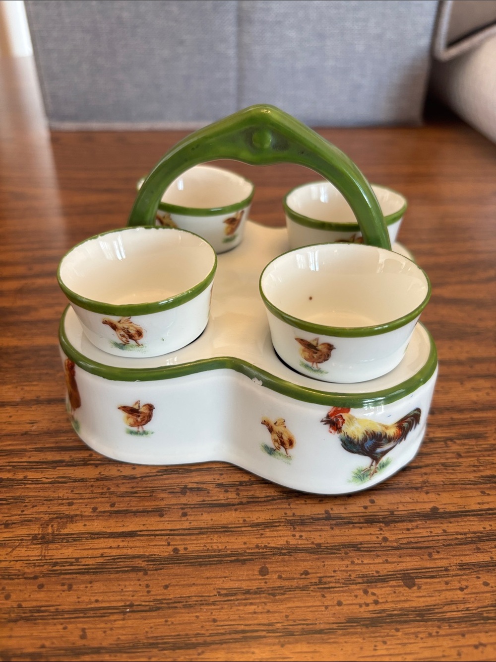 Ceramic Egg Cup Set with Green Trim and Rooster Motif